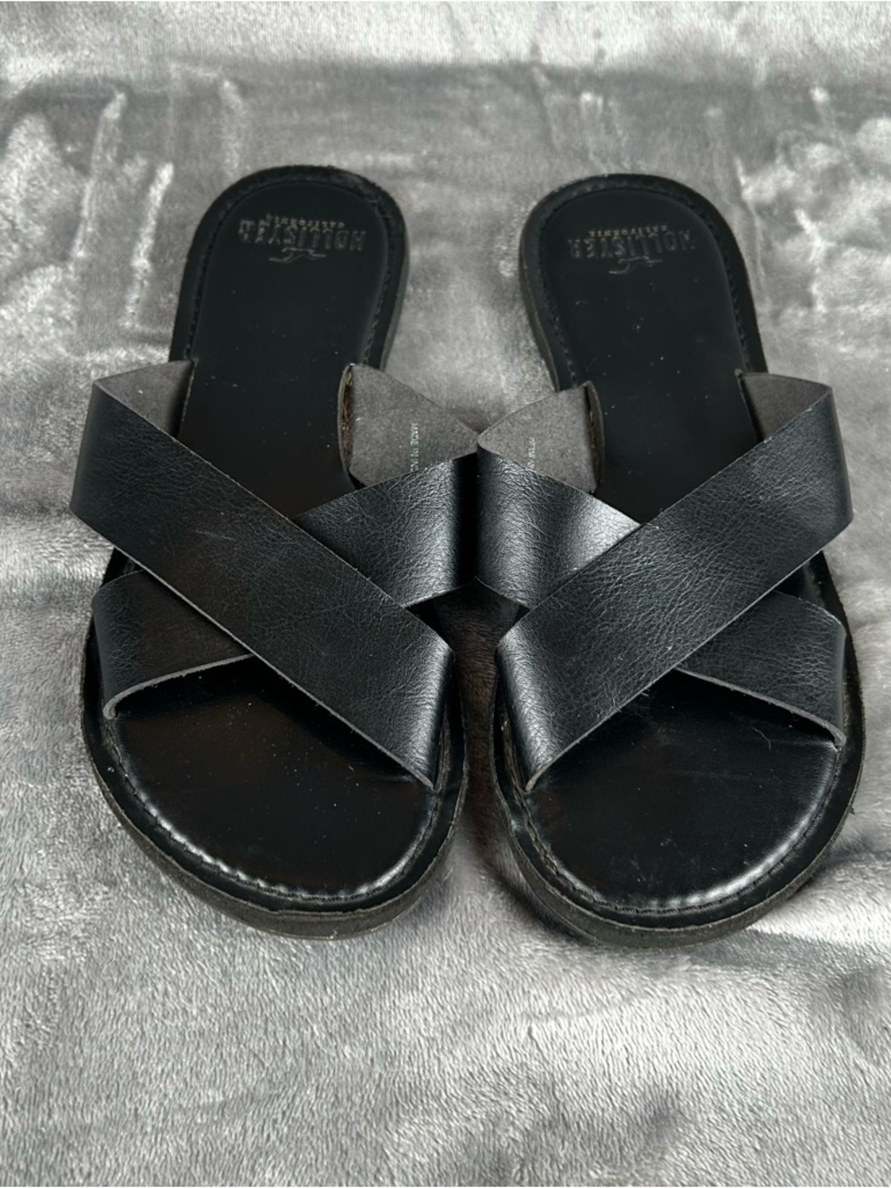 Hollister Leather Slides Womens Large 9/10 Runs Narrow Black Slip On Flat Sandal - Picture 9 of 10